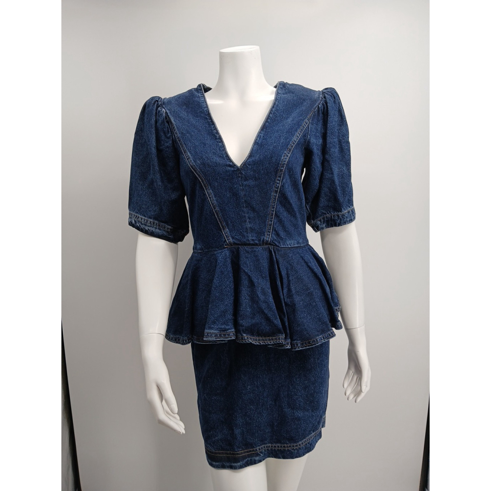 Dark Blue Denim Peplum Dress with V-Neck